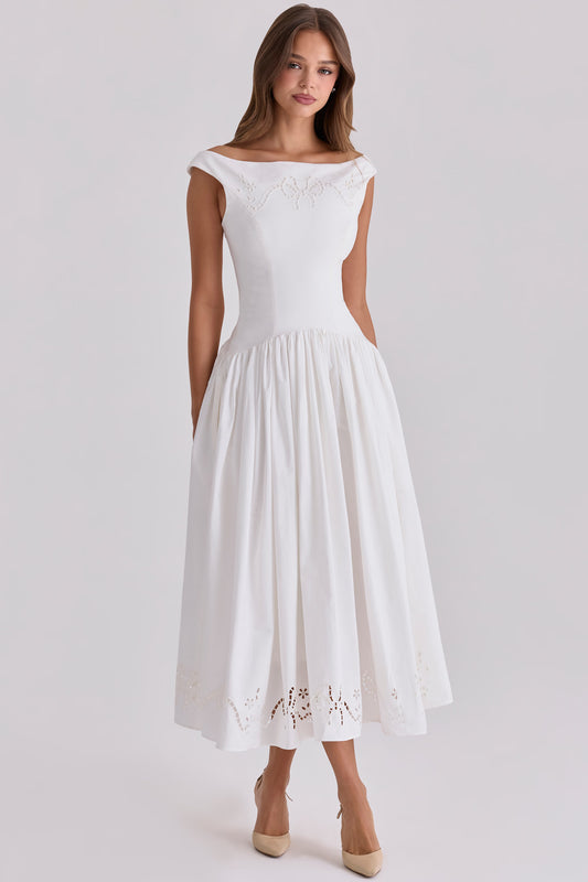 Elegant Embroidered Waist-Cinching A-Line Midi Dress